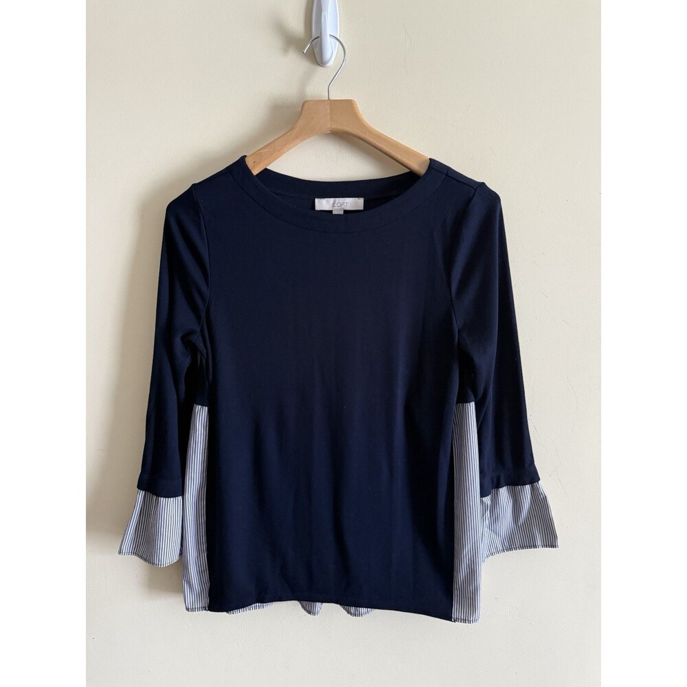LOFT Women's  Top Colorblock Solid Front‎ Panel Striped Sleeves & Back Medium